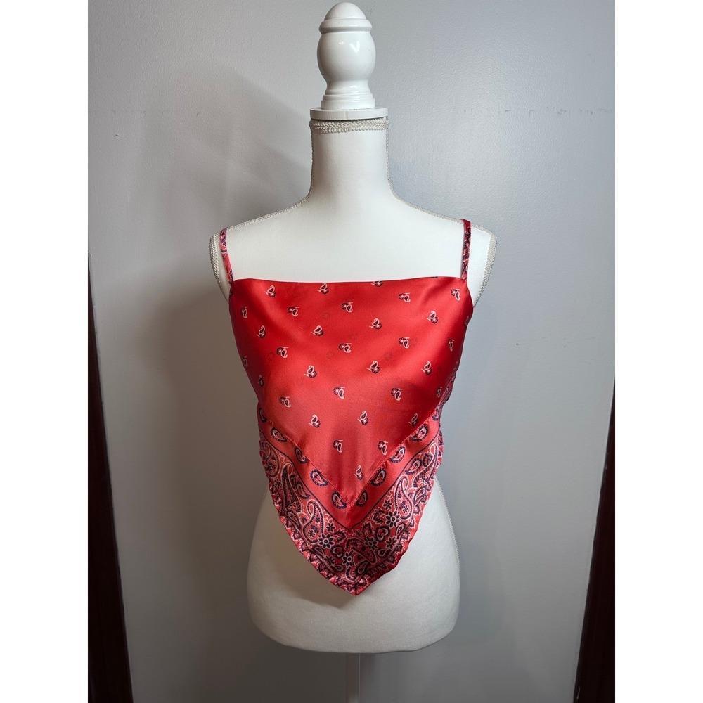 Japna Red Paisley Satin Scarf Top Handkerchief Hem Adjustable Straps XS